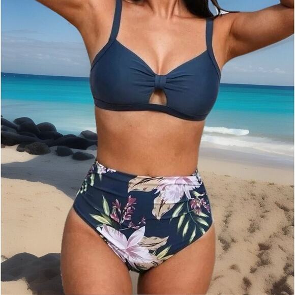Cupshe Women’s Bikini Set Medium Blue Floral High Waist Two Piece Swimsuit Suit - Picture 1 of 8